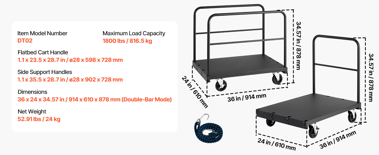 2-in-1 Drywall Cart Dolly 1800 lbs Steel Panel Truck 36x24 Platform