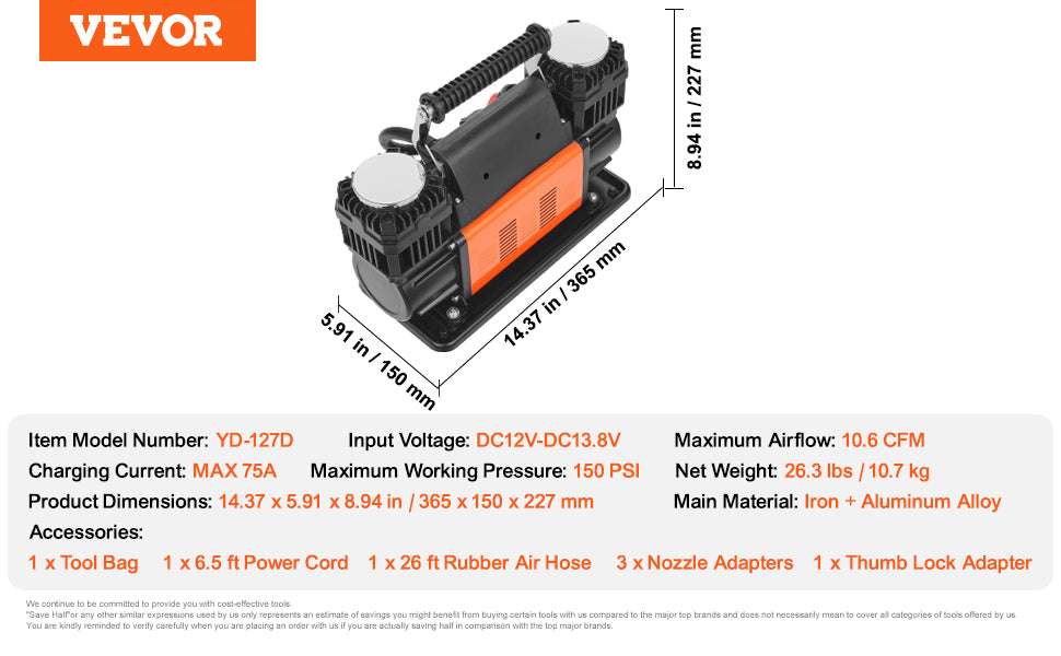 Dual Cylinder 150 PSI Tire Inflator Air Compressor for Cars & Trucks-YD-127B / spain