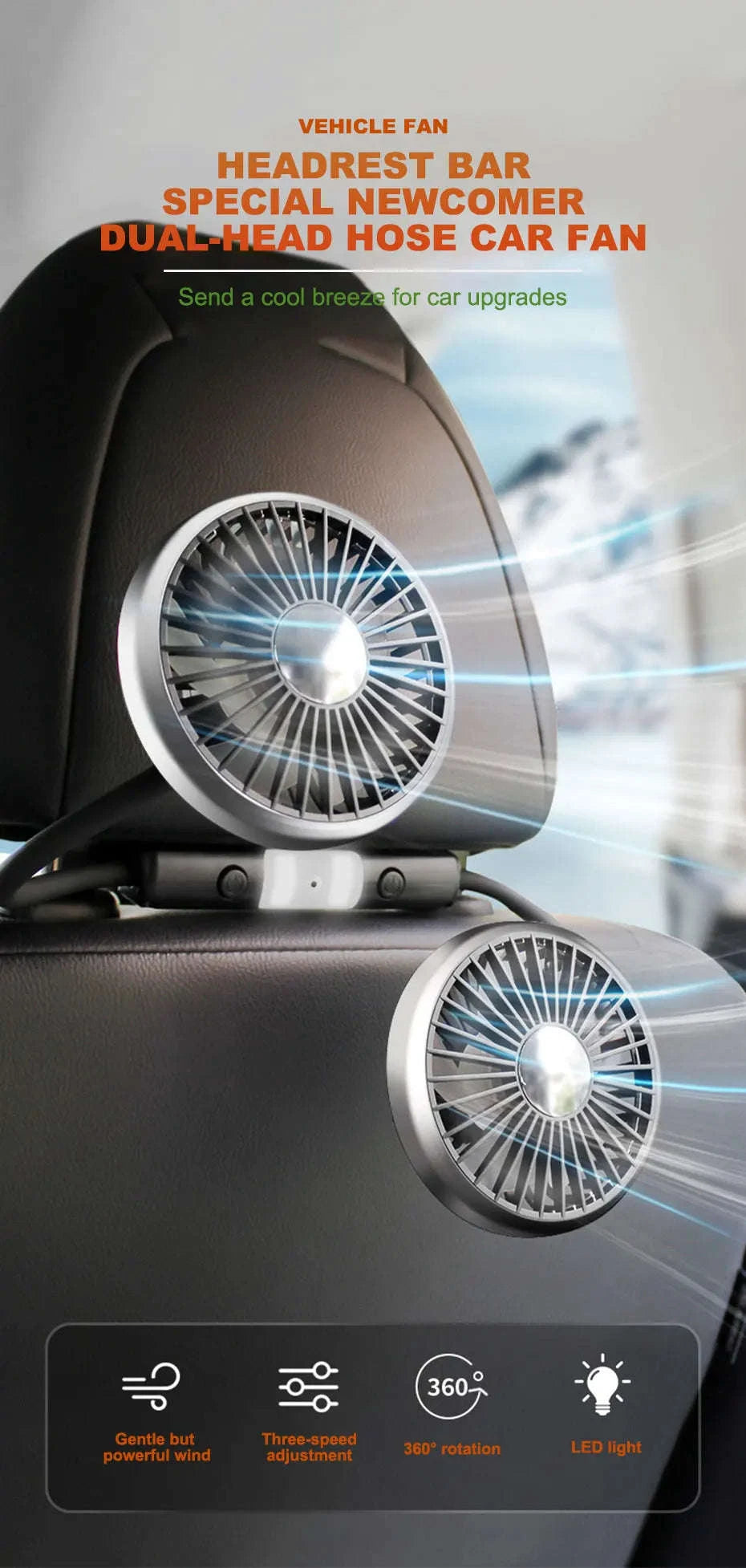 Dual Head USB Car Fan with LED Light-Dual head fan