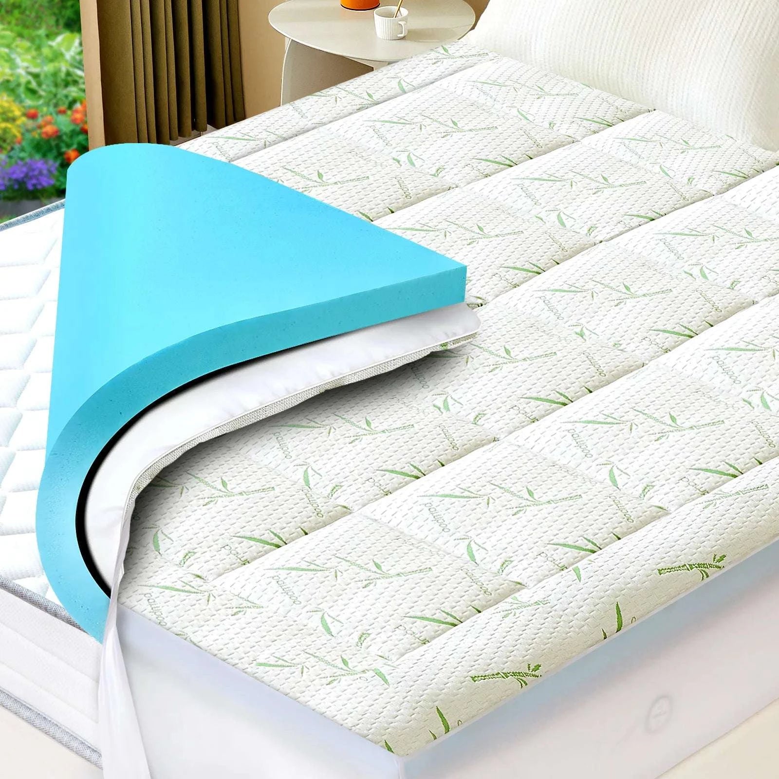 Dual Layer Gel Memory Foam Mattress Topper Cooling Soft Bed Pad-light green / California King / United States