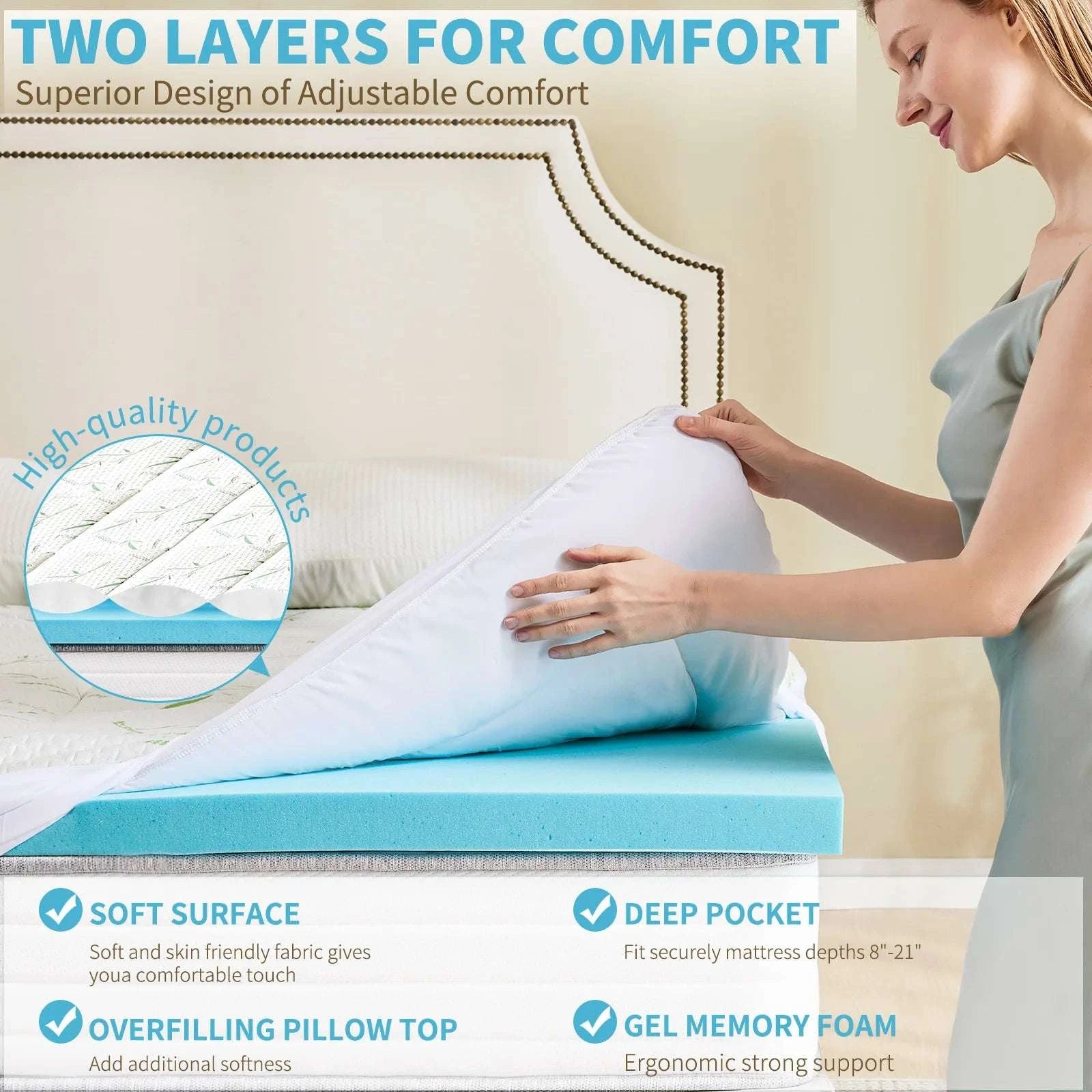 Dual Layer Gel Memory Foam Mattress Topper Cooling Soft Bed Pad-light green / California King / United States