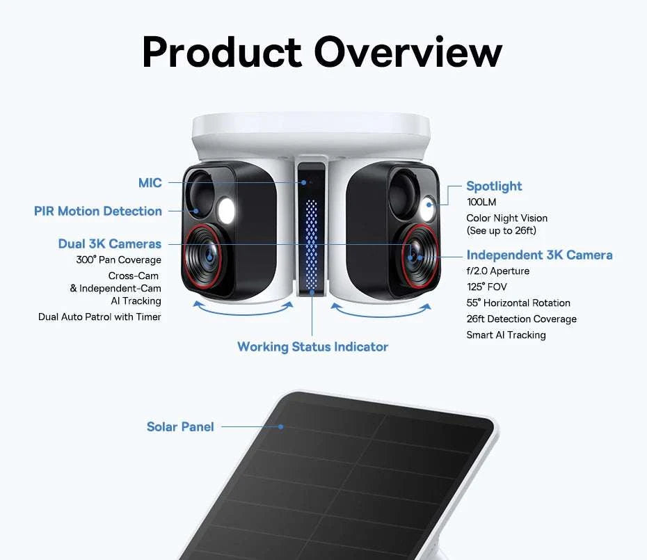 Dual Lens 3K Outdoor Security Camera with Solar Power & AI Tracking-X1 Pro NO SD Card