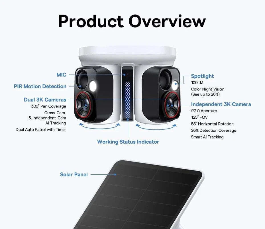 Dual Lens 3K Outdoor Security Camera with Solar Power & AI Tracking-X1 Pro NO SD Card