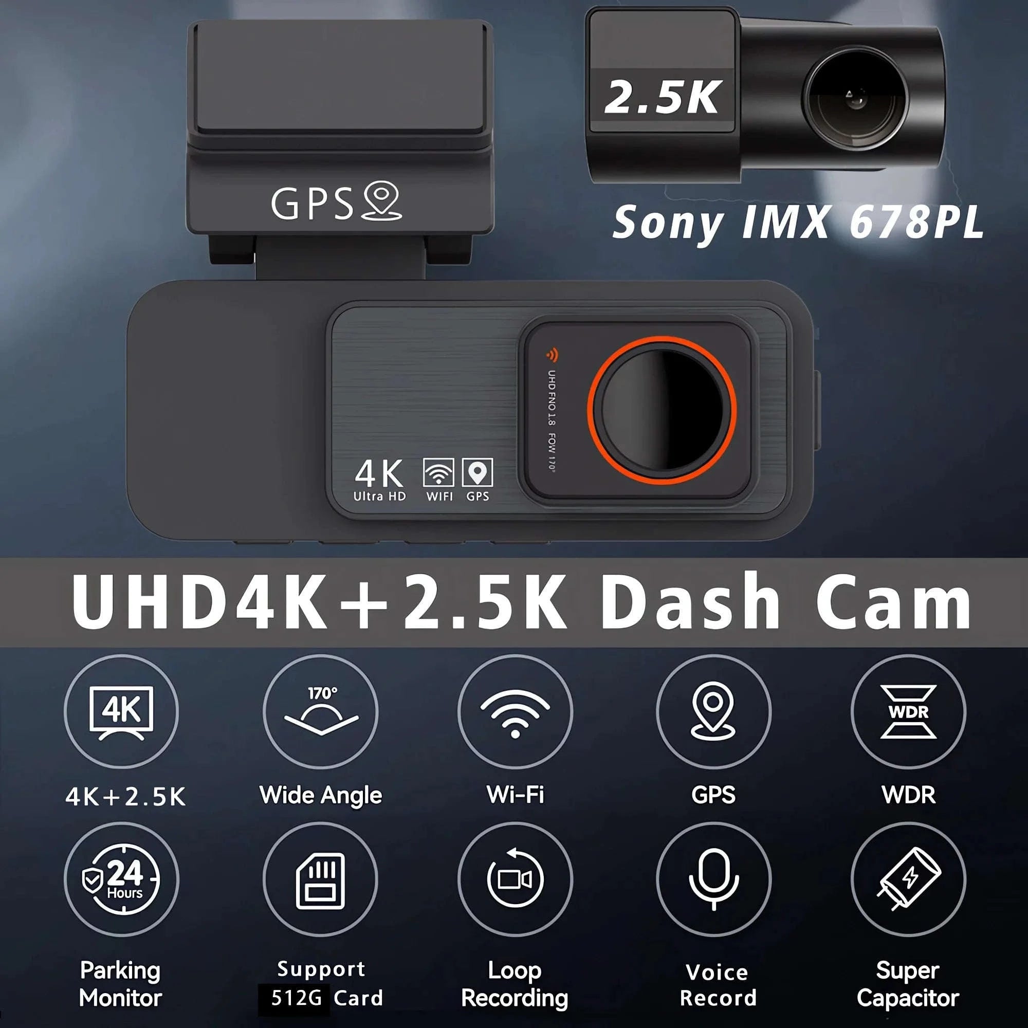 Dual Lens 4K UHD Dash Cam-4K-2.5K Rear-BL