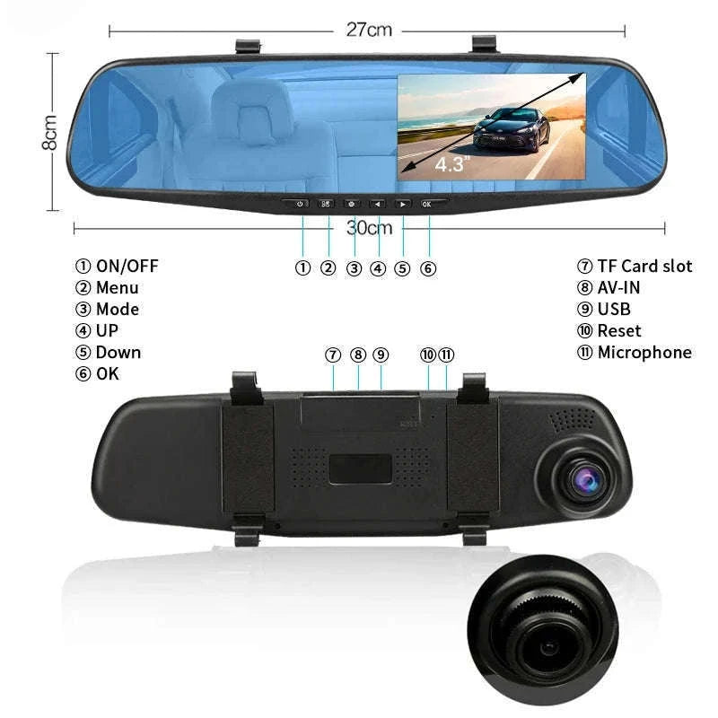 Dual Lens Dashcam Mirror DVR with 4.3" FHD 1080P Screen-A08-6M RCC / 64G