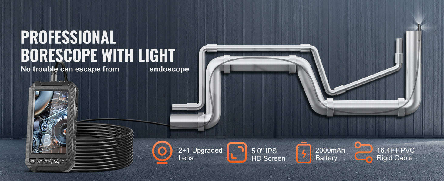 Dual Lens Endoscope Camera 1080P with 5" Screen & 49.2FT Cable-15M Cable / Poland