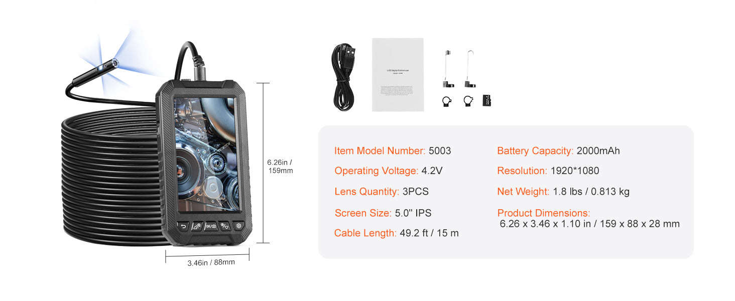 Dual Lens Endoscope Camera 1080P with 5" Screen & 49.2FT Cable-15M Cable / Poland