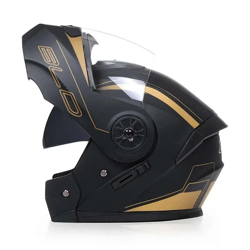 Dual Lens Flip-Up Full Face Motorcycle Helmet Modular ABS Design-gold black sun glass / L