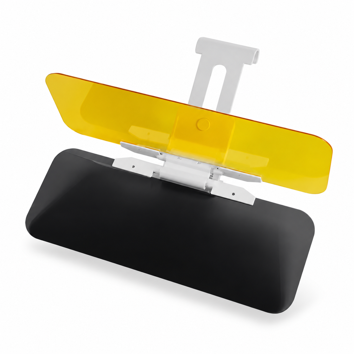 Dual-panel amber and smoke car visor with white mounting clip on white background