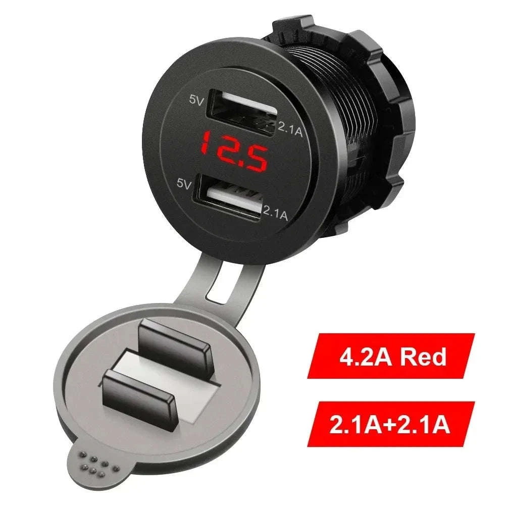 Dual USB Car Charger Socket with Voltmeter for 12V/24V Vehicles-green