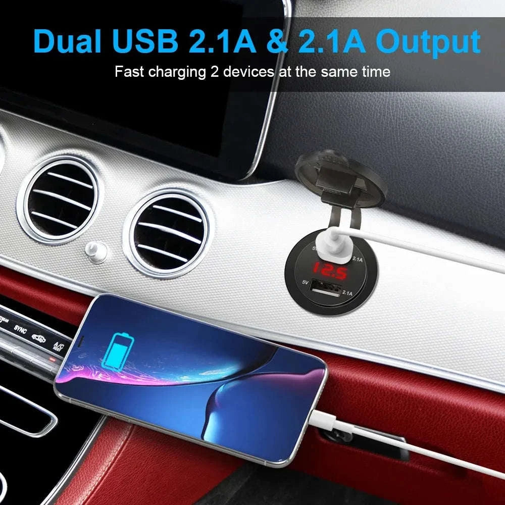 Dual USB Car Charger Socket with Voltmeter for 12V/24V Vehicles-green