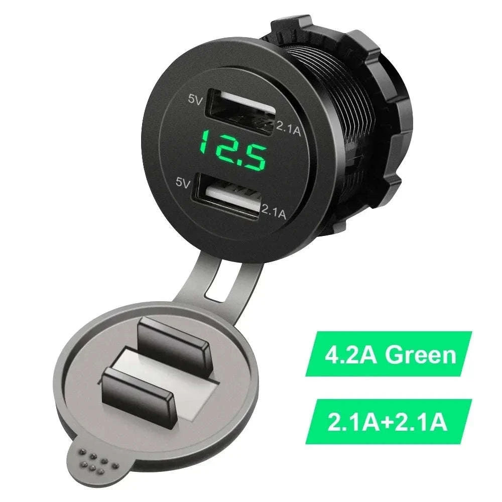 Dual USB Car Charger Socket with Voltmeter for 12V/24V Vehicles-green