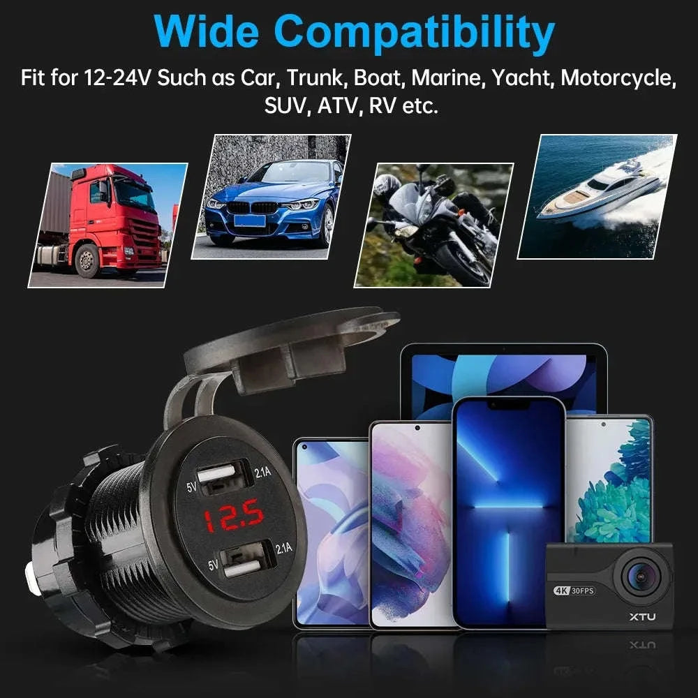 Dual USB Car Charger Socket with Voltmeter for 12V/24V Vehicles-green