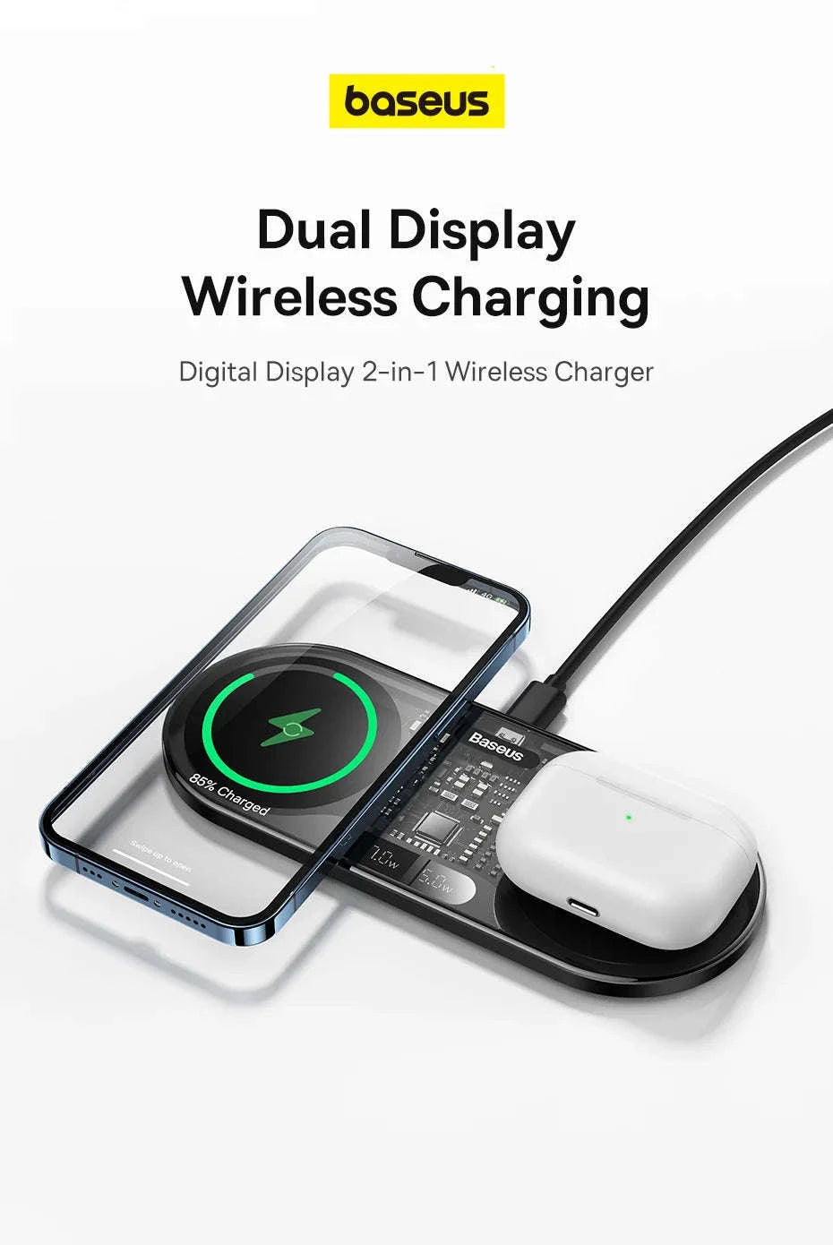 Dual Wireless Charger with LED Display for iPhone, Samsung & AirPods-Black