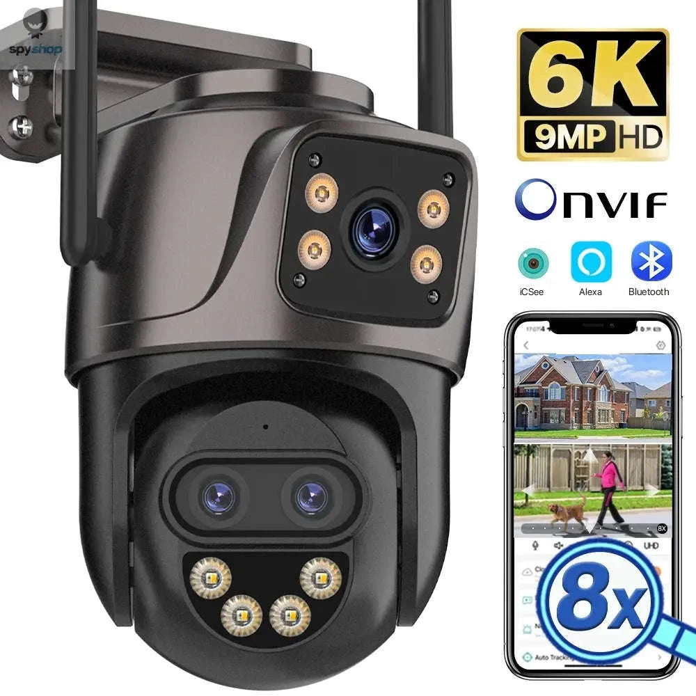 DUREVIN 6K Triple‑Lens IP Camera – 9MP Clarity, PTZ Tracking, Dual‑Screen View-4K Add 128G / UK Plug