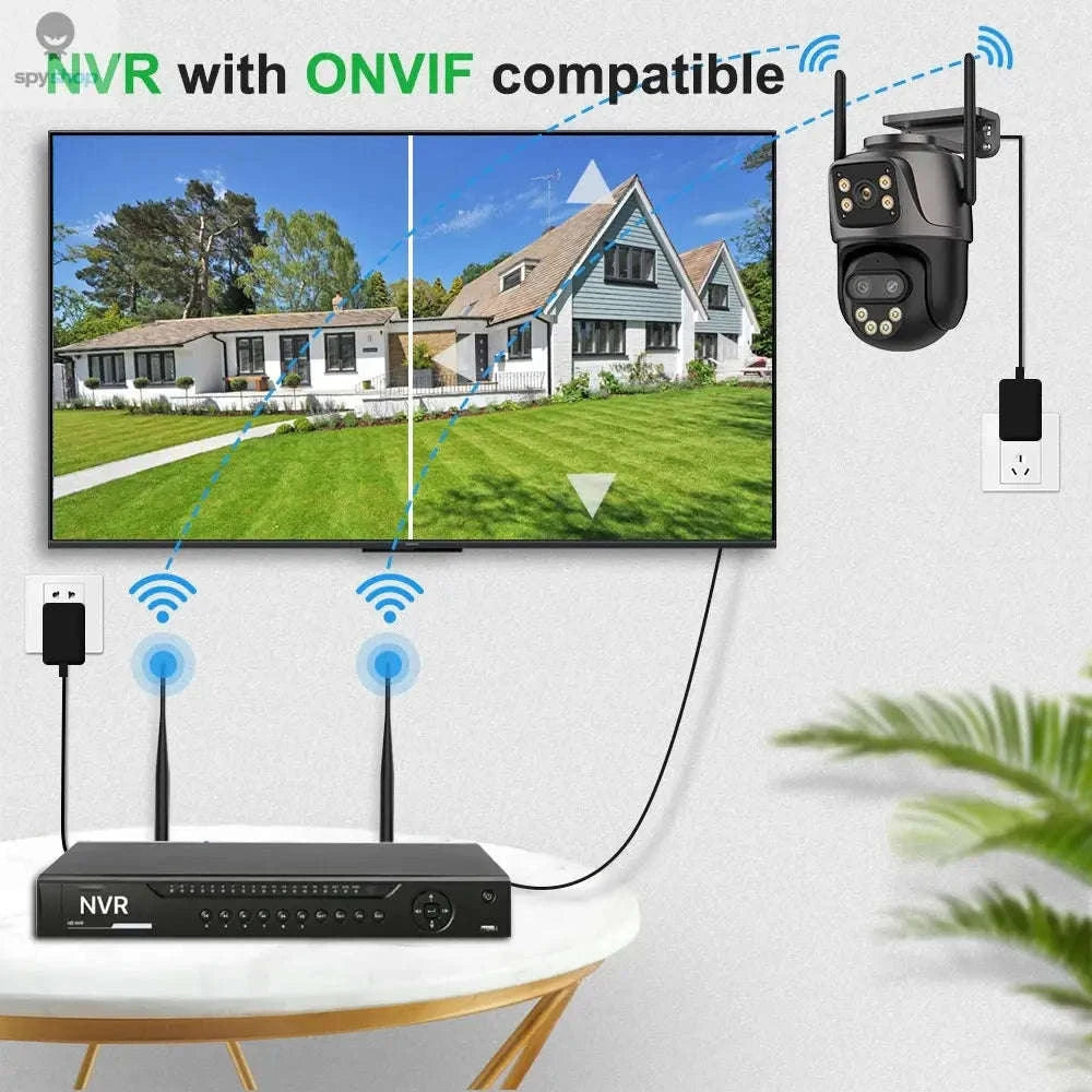 DUREVIN 6K Triple‑Lens IP Camera – 9MP Clarity, PTZ Tracking, Dual‑Screen View-4K Add 128G / UK Plug