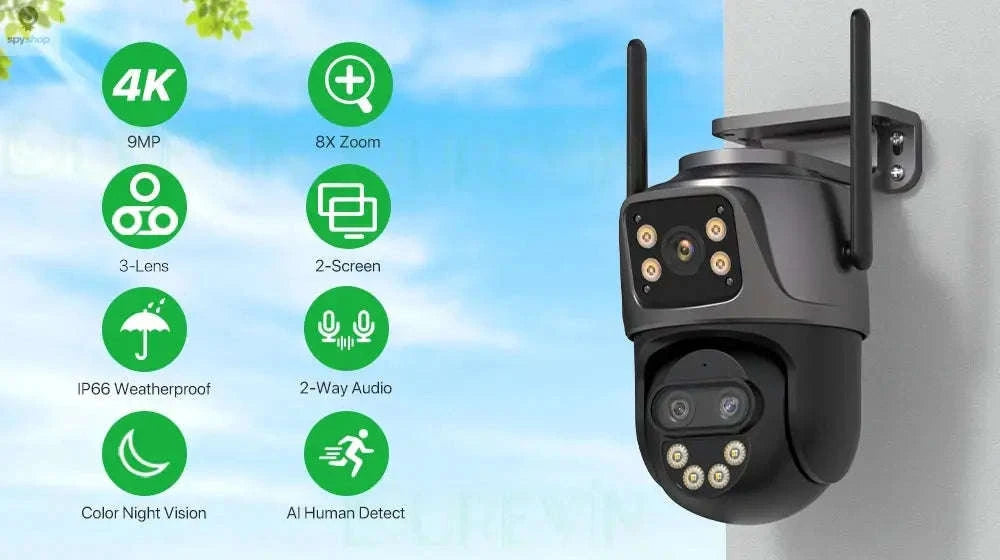 DUREVIN 6K Triple‑Lens IP Camera – 9MP Clarity, PTZ Tracking, Dual‑Screen View-4K Add 128G / UK Plug
