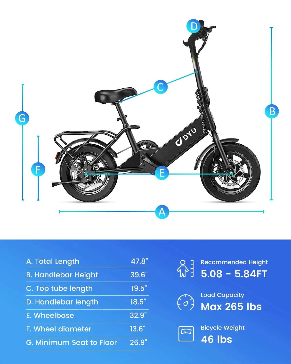 DYU C3 14" Folding Electric Bike 36V Lithium Battery Compact E-Bike-black / United States