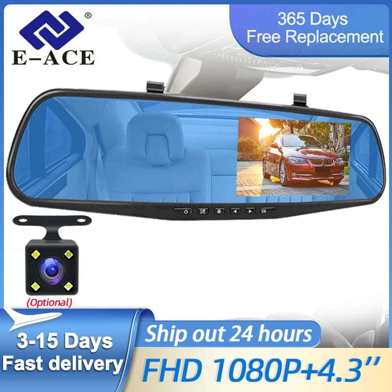 E-ACE 4.3" Dual Lens Dashcam Mirror DVR FHD 1080P-A08-6M RCC / 64G