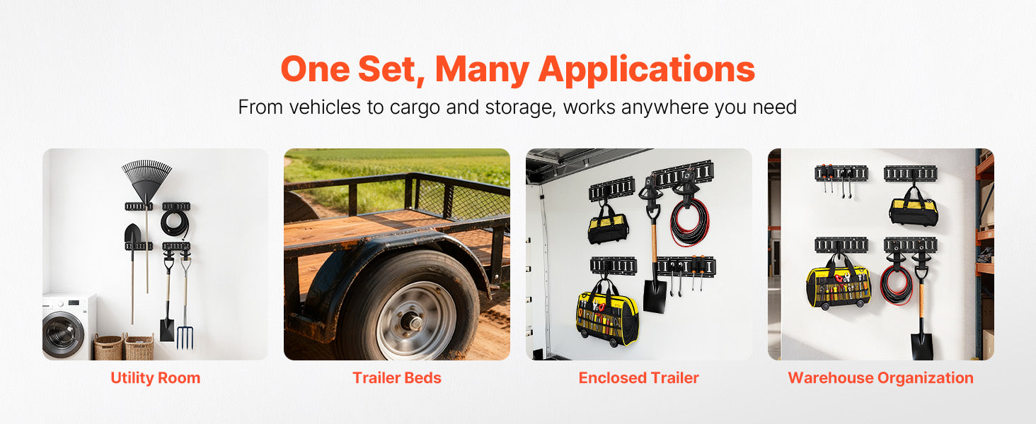 4 Pack E-Track Tie-Down Rail Kit with Hooks, Shelves & Tire Holders