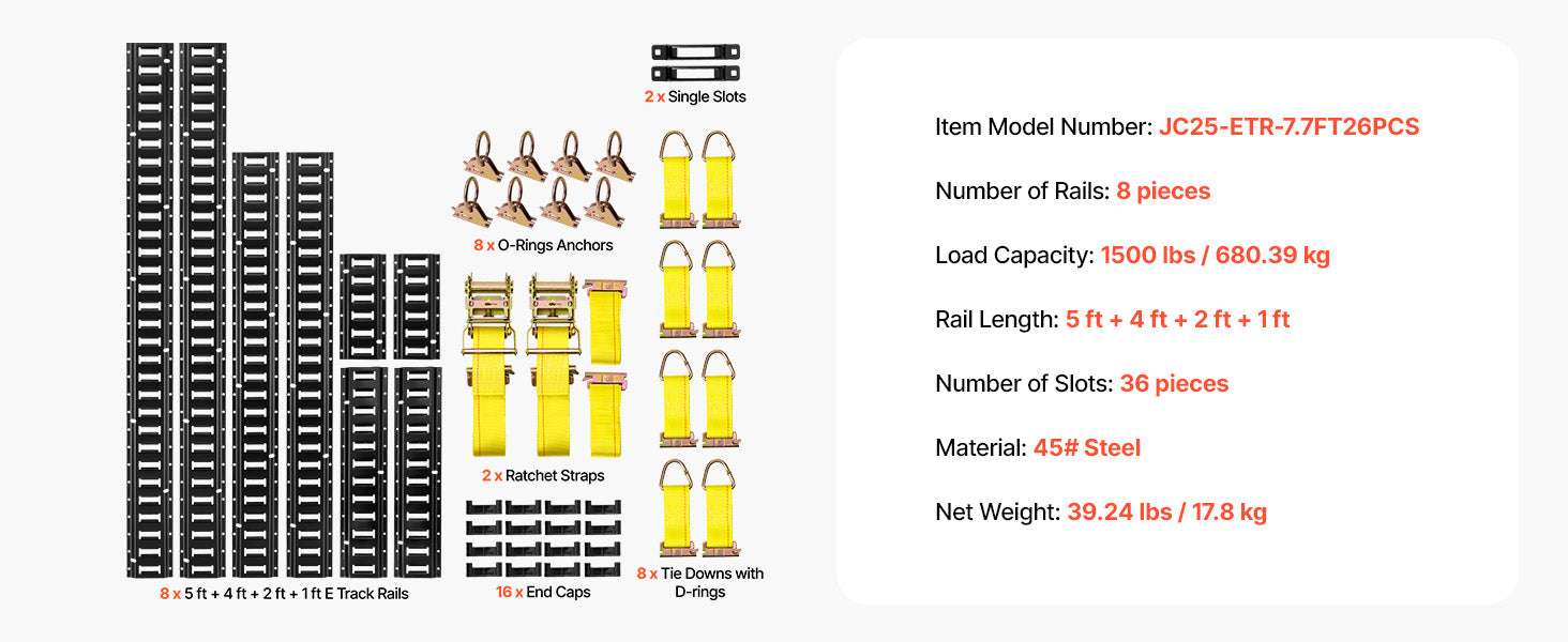 E-Track Tie-Down Rail Kit 8 Pack with Straps & O-Rings-8 Pack / United States