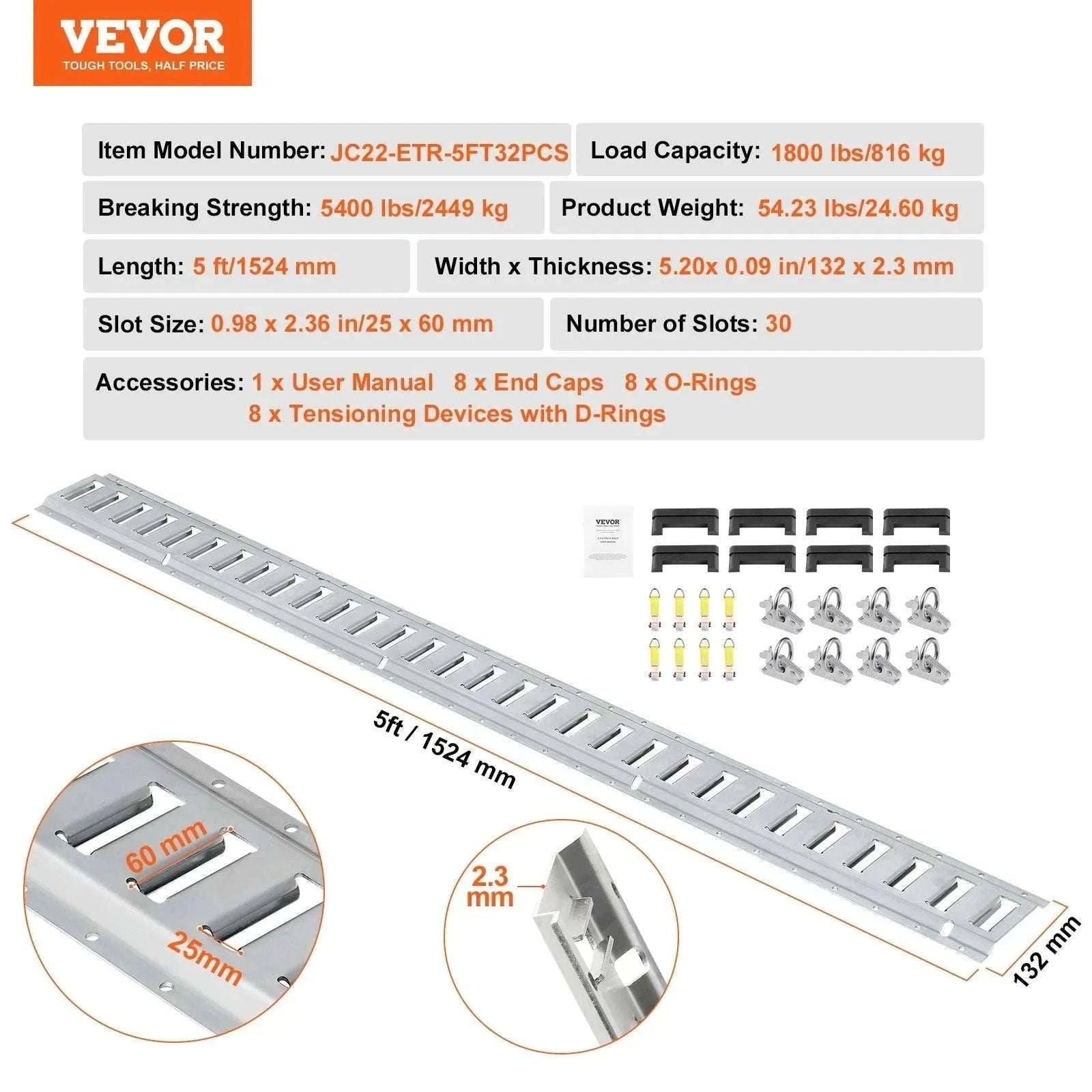 E-Track Tie-Down Rail Kit with Steel Rails & O-Rings for Cargo-5ft / United States