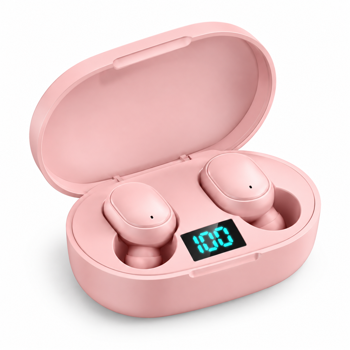 Pink E6S earbuds in open charging case on white background