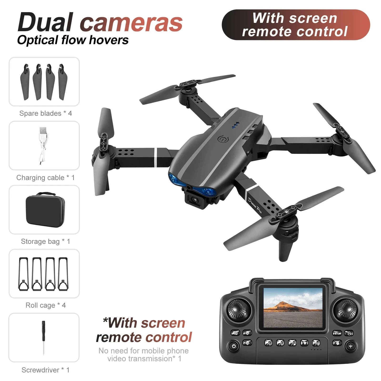 E88 E99 Drone with Screen Remote and Dual Camera-E99-grey