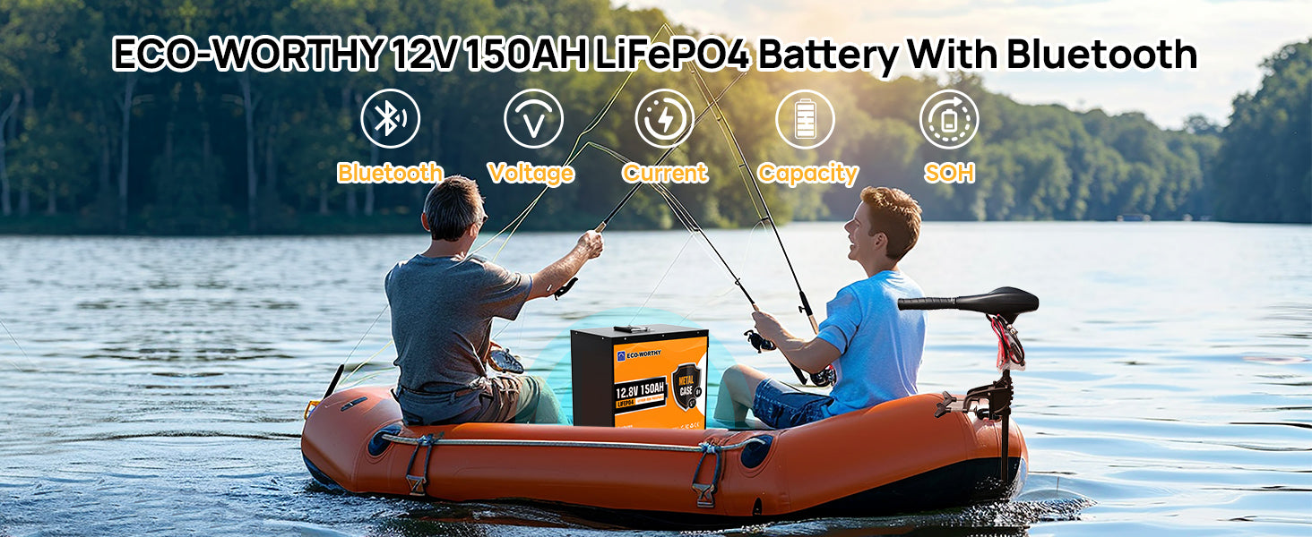 ECO-WORTHY 12V 150AH Bluetooth LiFePO4 Lithiumbatterie mit Kälteschutz, eingebautem 120A BMS, ideal zum Trolling