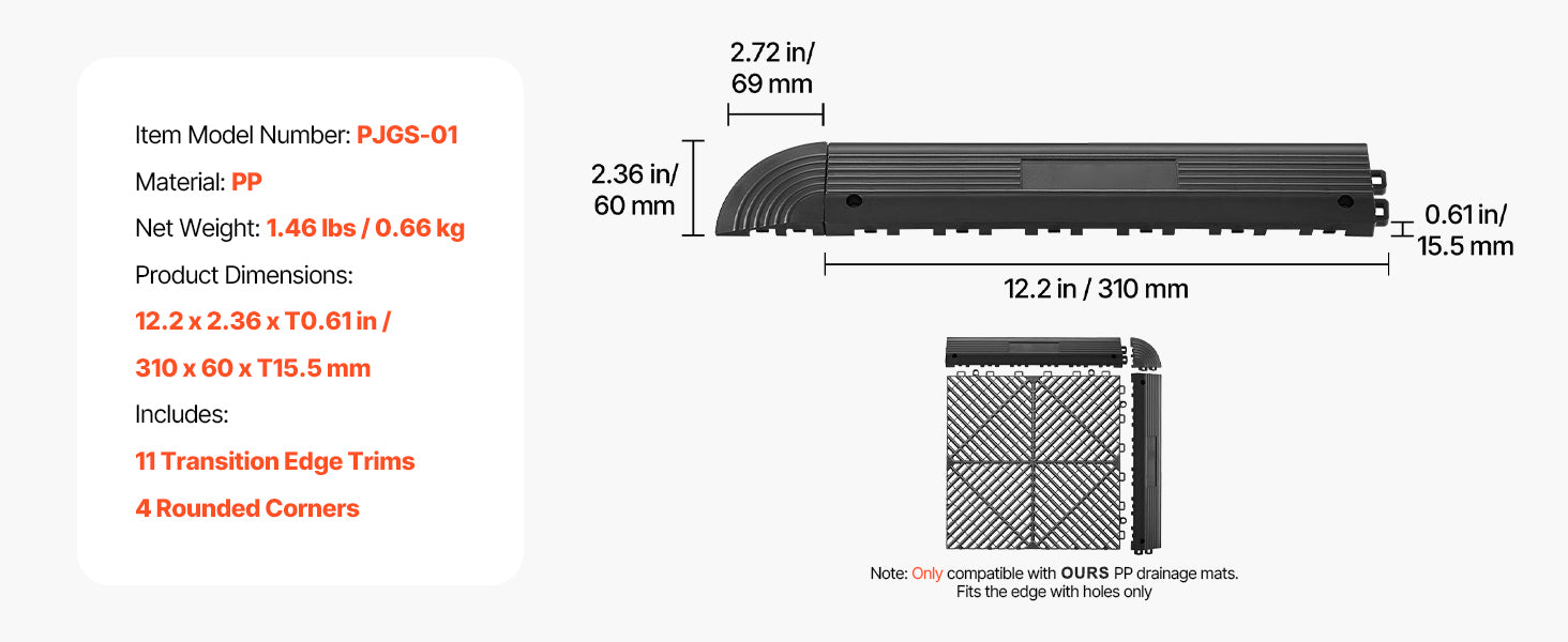 SucceBuy 11PCS Transition Edge Kit Durable PP Easy Installation for Wet Area Restaurant Only Compatible with Drainage Mats Black
