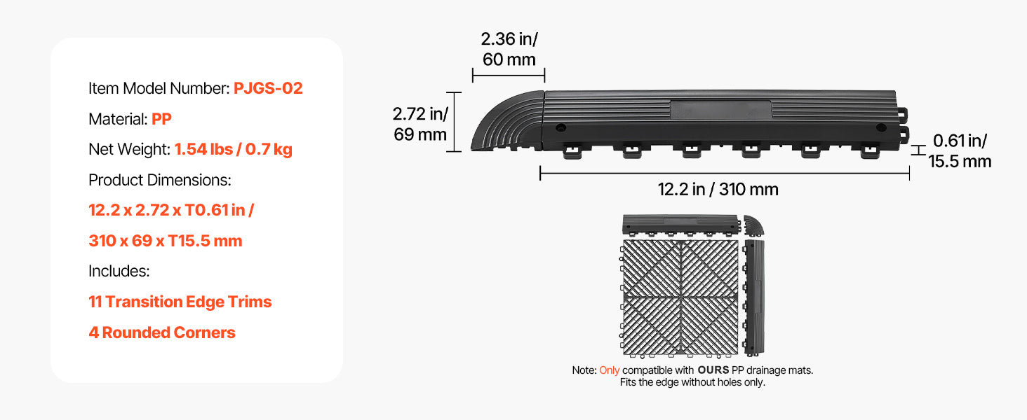SucceBuy 11PCS Transition Edge Kit Durable PP Easy Installation for Wet Area Restaurant Only Compatible with Drainage Mats Black