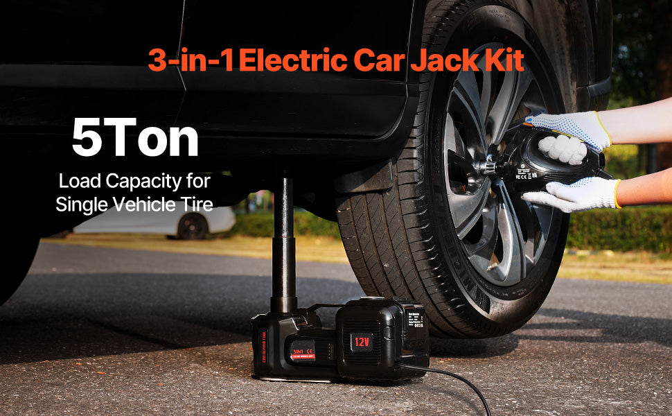 5T Electric Car Jack Kit with Impact Wrench, LED & Inflator