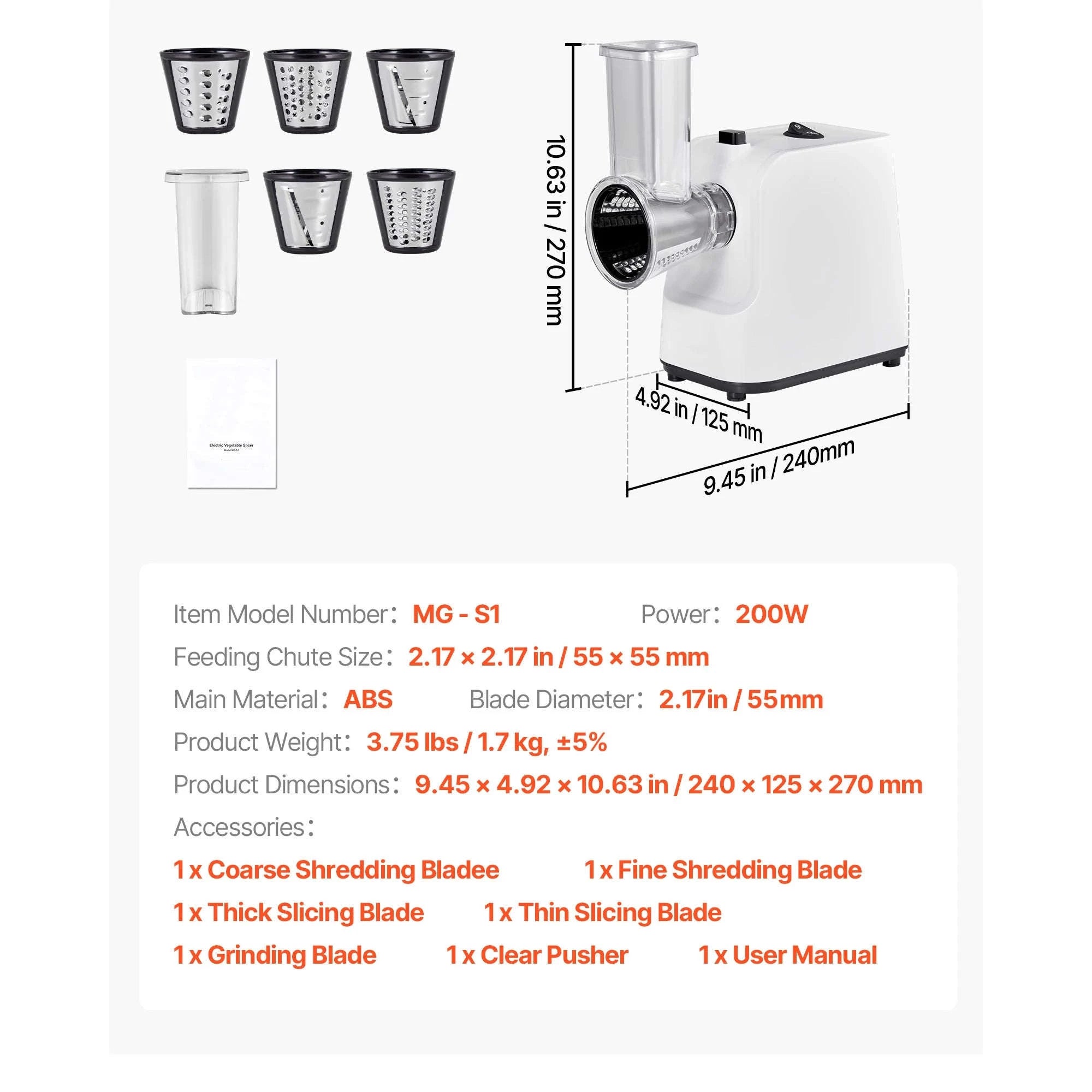 Electric Cheese Grater Salad Maker 200W with 5 Attachments Stainless Steel Cutter-200W / United States