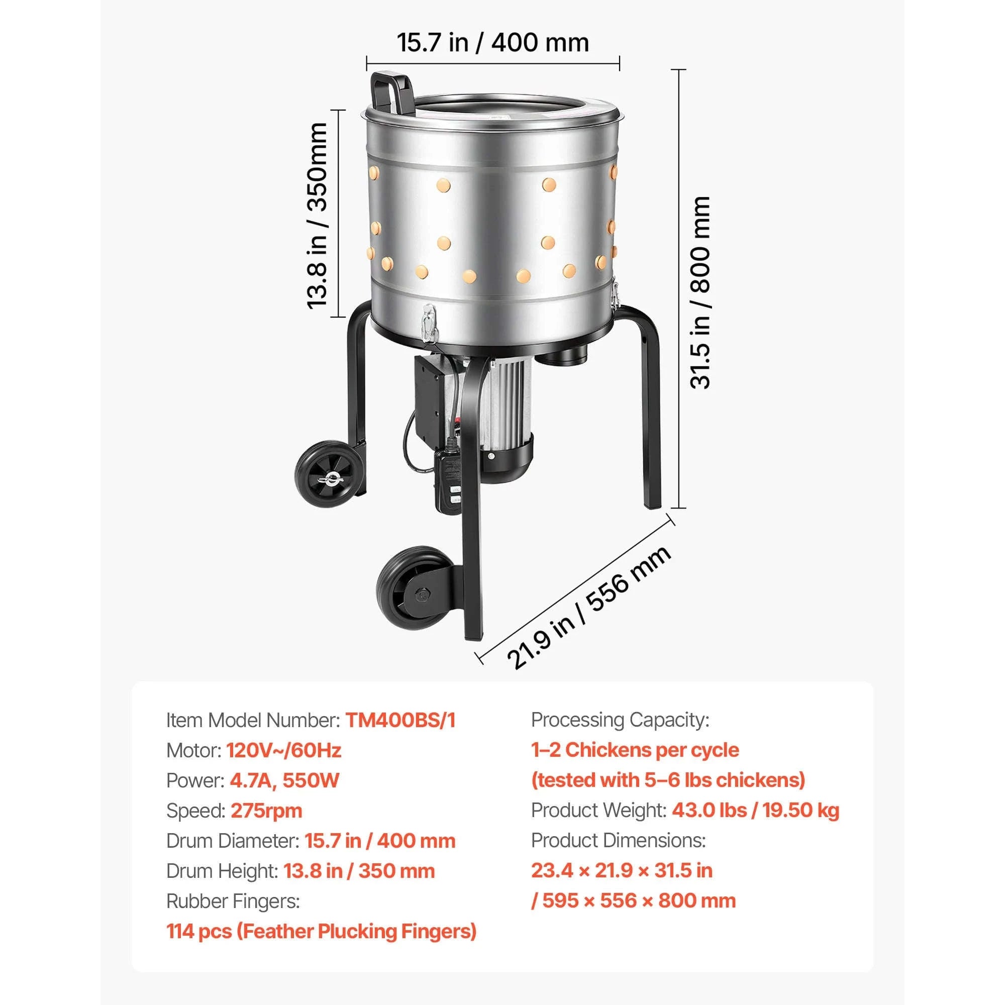 Electric Chicken Plucker Machine with Soft Fingers and Transport Wheels-550W / france