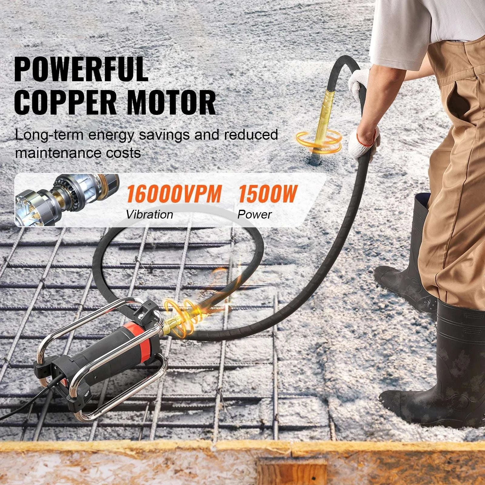 Electric Concrete Vibrator 1500W 16000 VPM with 14.75ft Shaft-16000VPM110V / United States