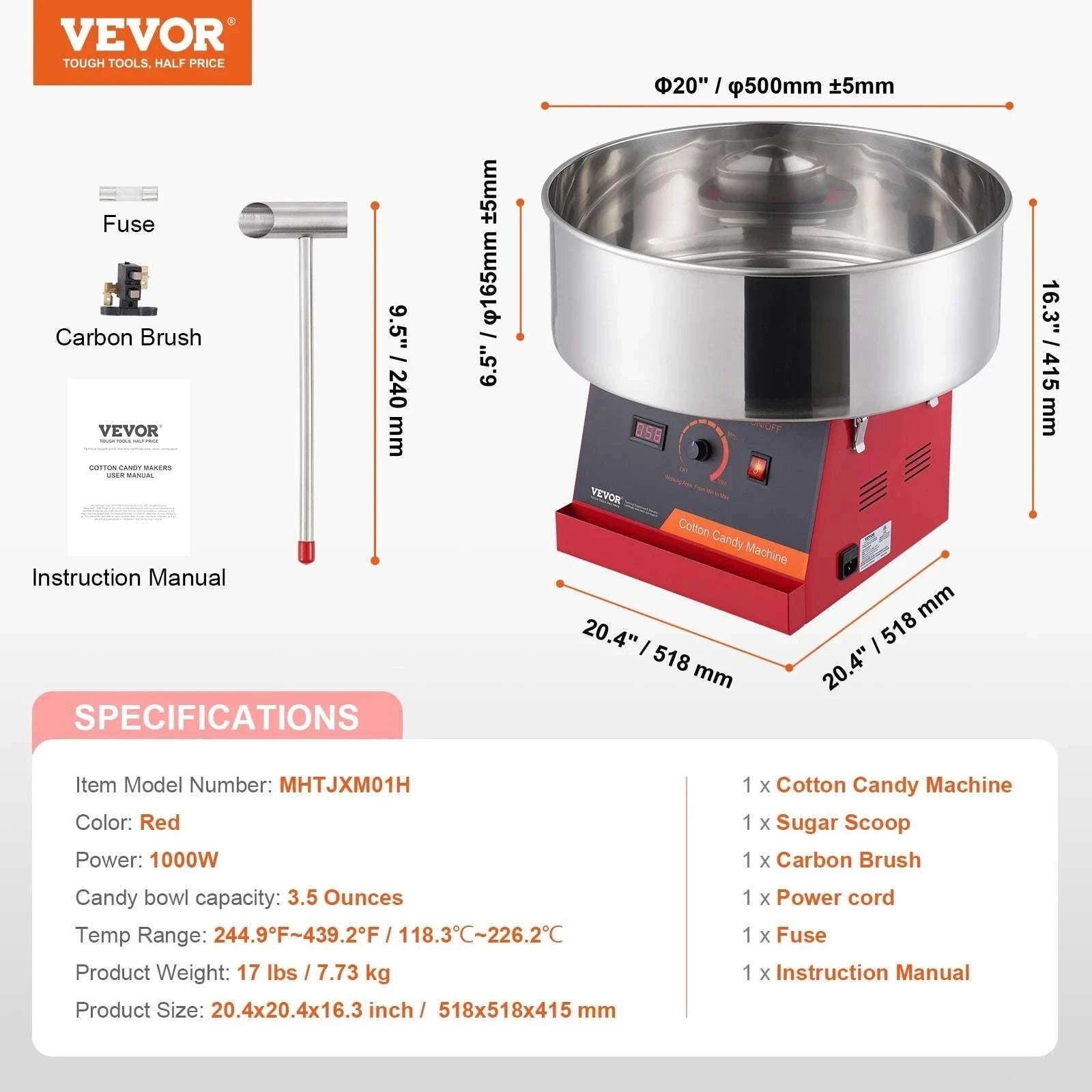 Electric Cotton Candy Machine 1000W Candy Floss Maker with Bowl-red with cover / CZECH REPUBLIC