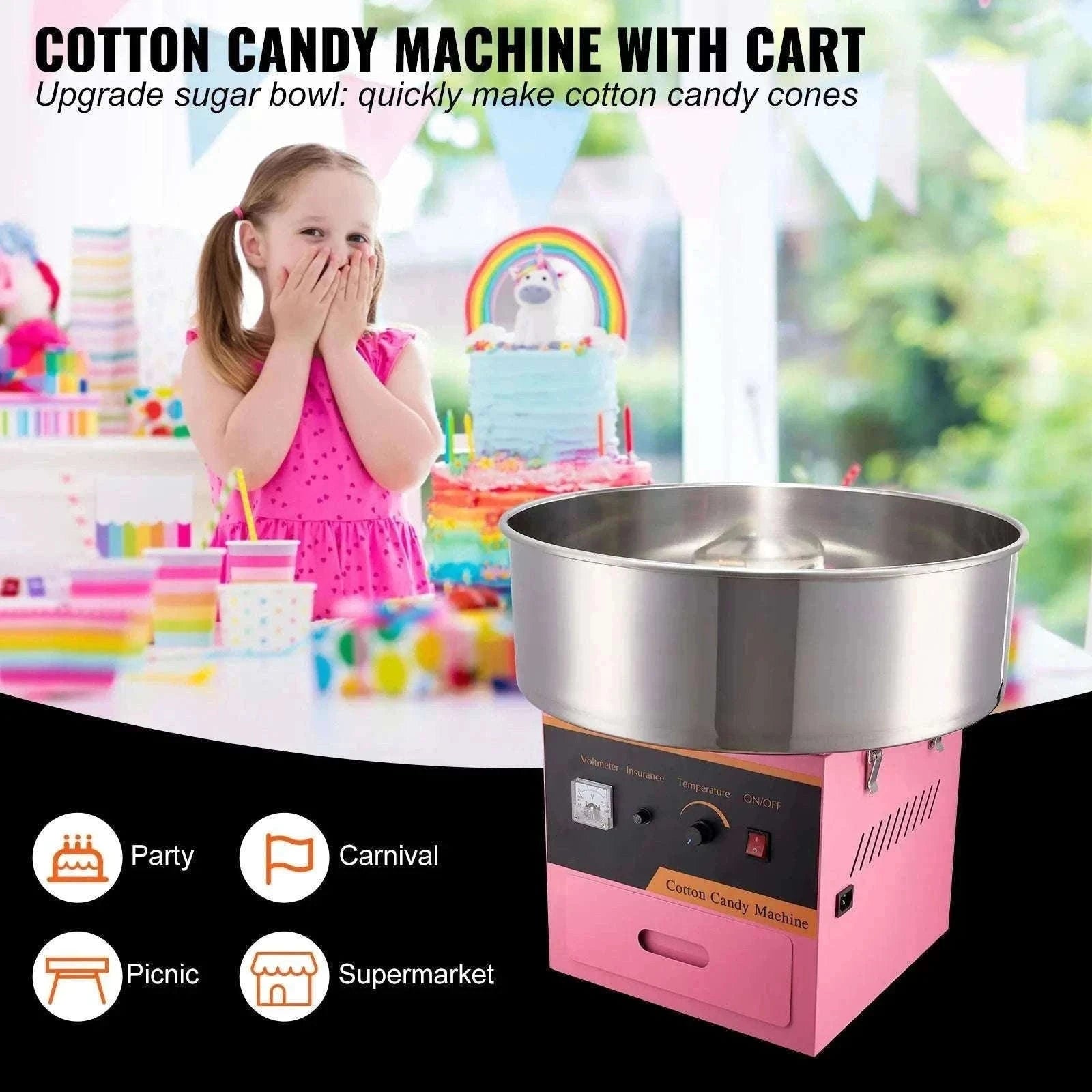 Electric Cotton Candy Machine 1000W Commercial Floss Maker-pink with cart / United States