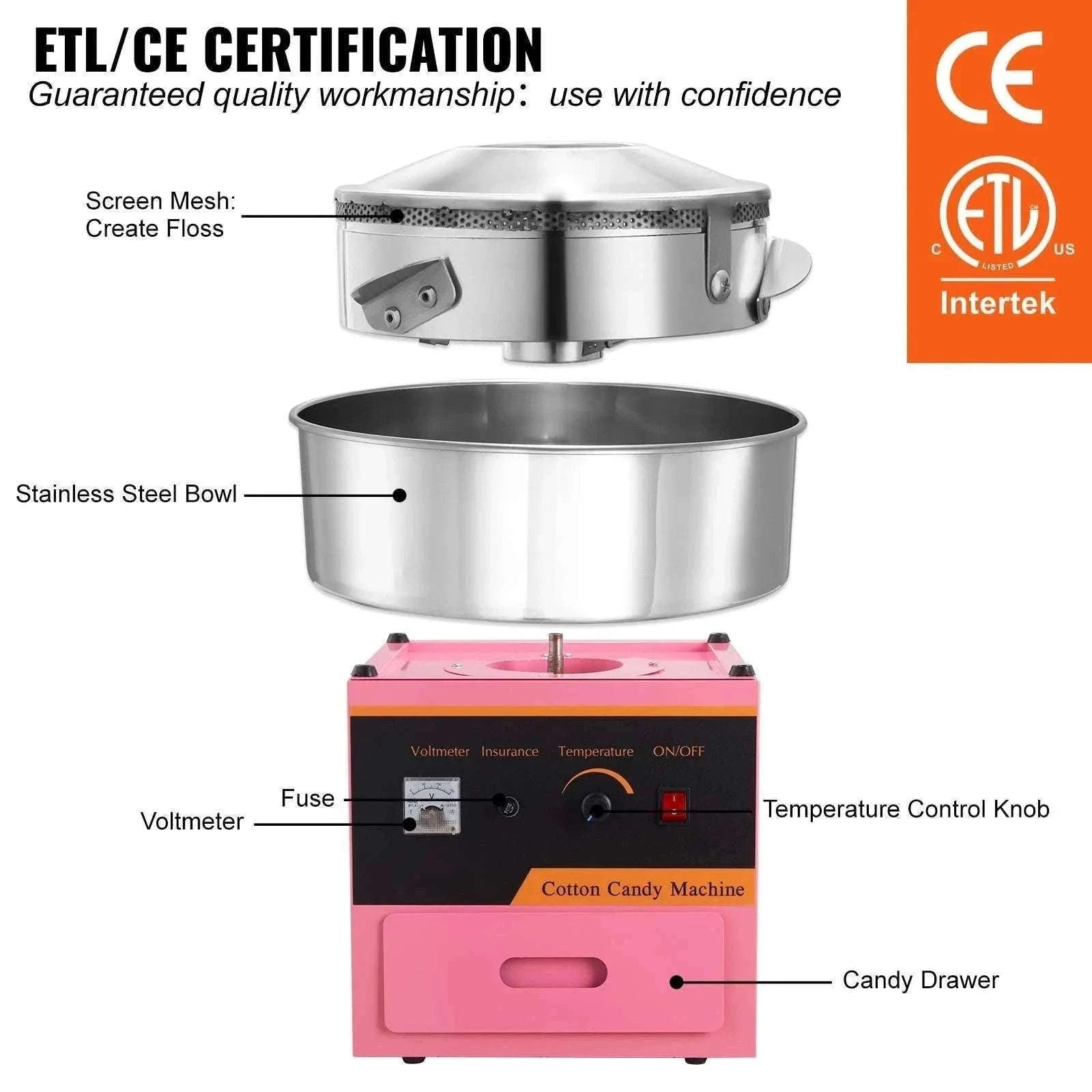Electric Cotton Candy Machine 1000W Commercial Floss Maker-pink with cart / United States