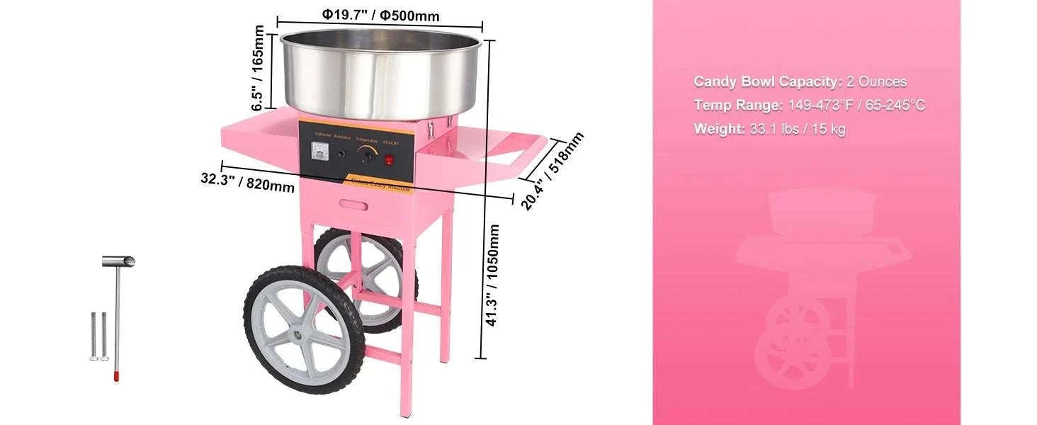 Electric Cotton Candy Machine 1000W Commercial Floss Maker-pink with cart / United States