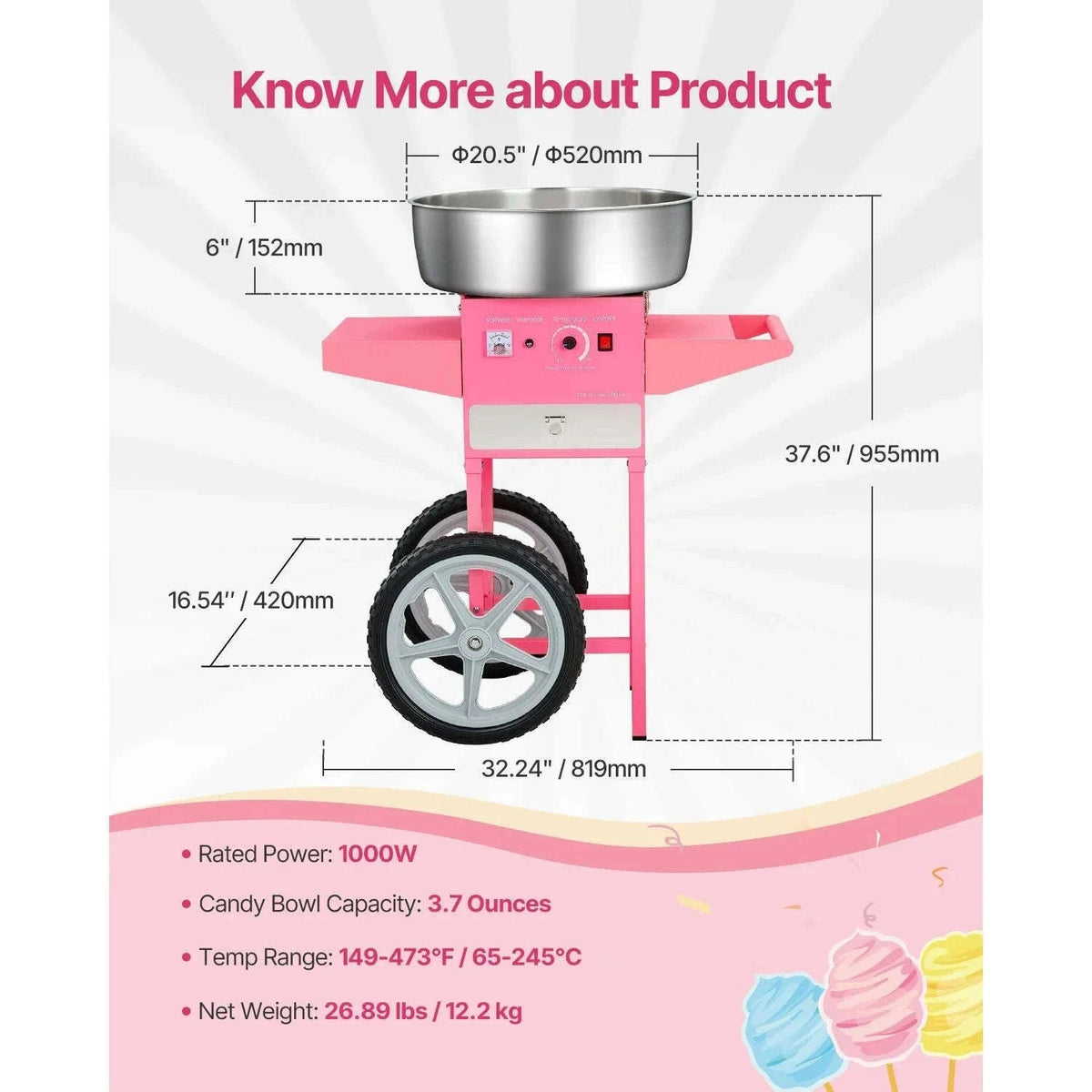Electric Cotton Candy Machine with Cart and Stainless Steel Bowl-PURPLE / CZECH REPUBLIC