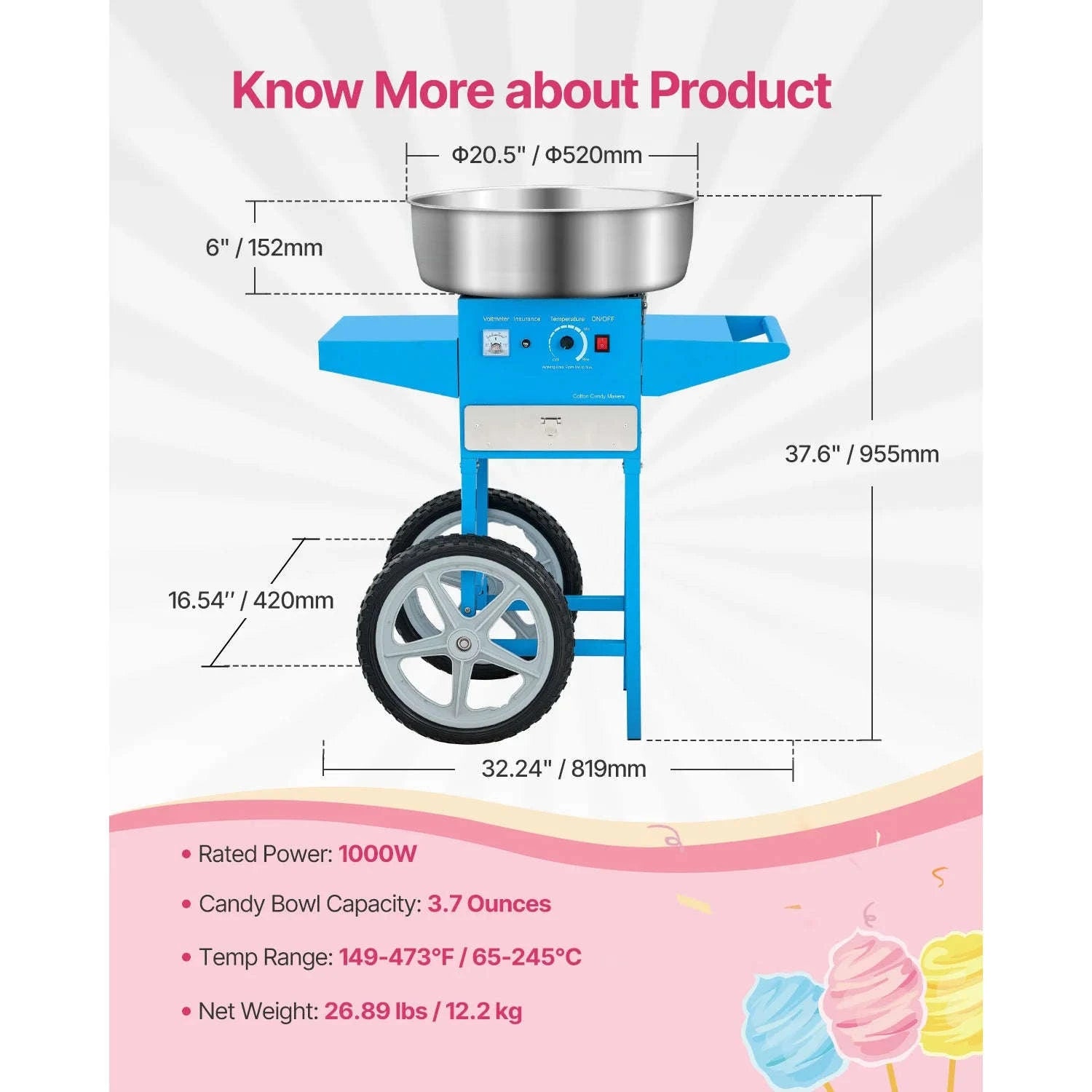 Electric Cotton Candy Machine with Cart and Stainless Steel Bowl-PURPLE / CZECH REPUBLIC