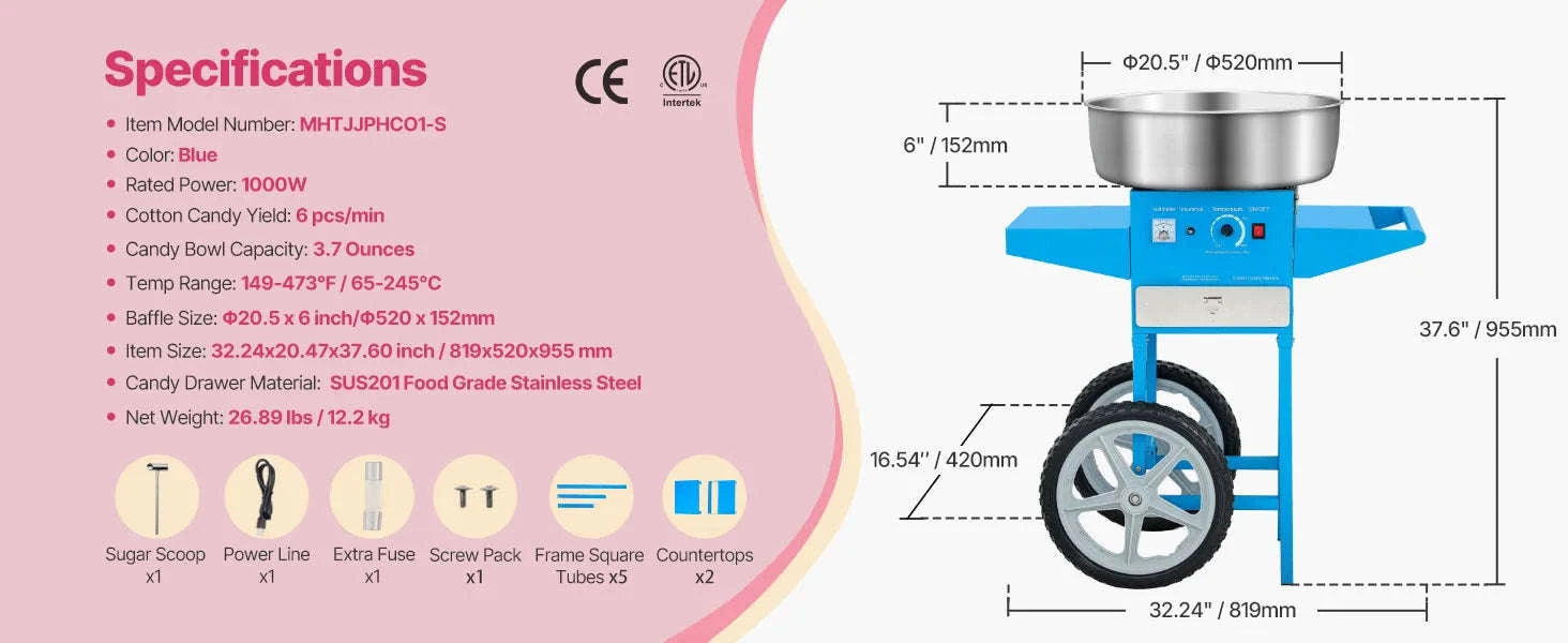 Electric Cotton Candy Machine with Cart and Stainless Steel Bowl-PURPLE / CZECH REPUBLIC