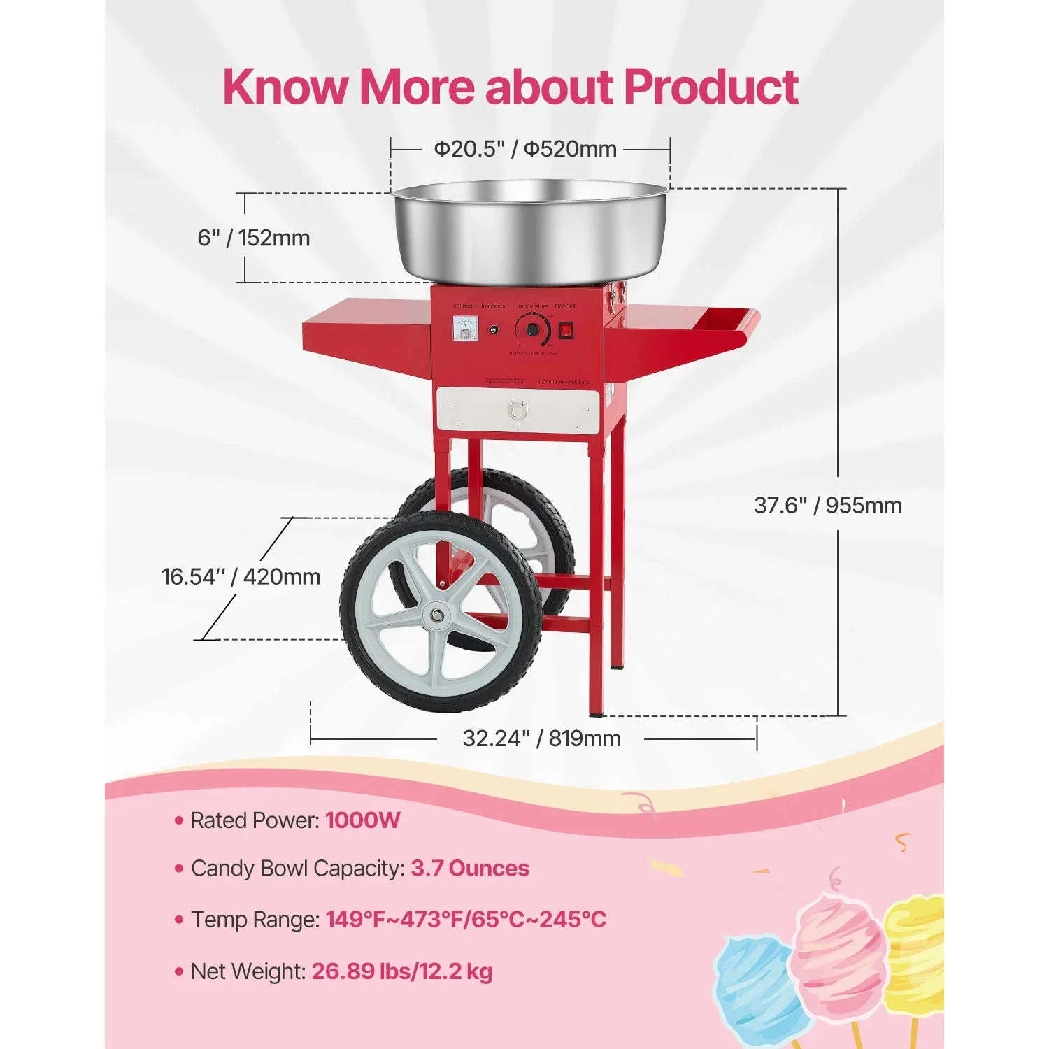 Electric Cotton Candy Machine with Cart and Stainless Steel Bowl-PURPLE / CZECH REPUBLIC