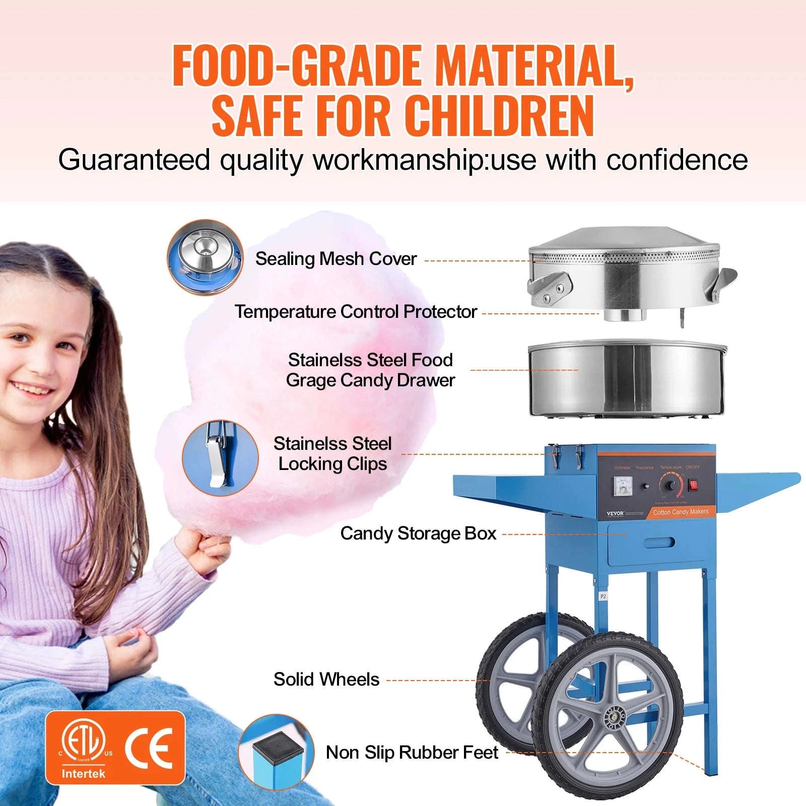 Electric Cotton Candy Machine with Cart, Stainless Steel Bowl, Scoop and Drawer-Blue / United States