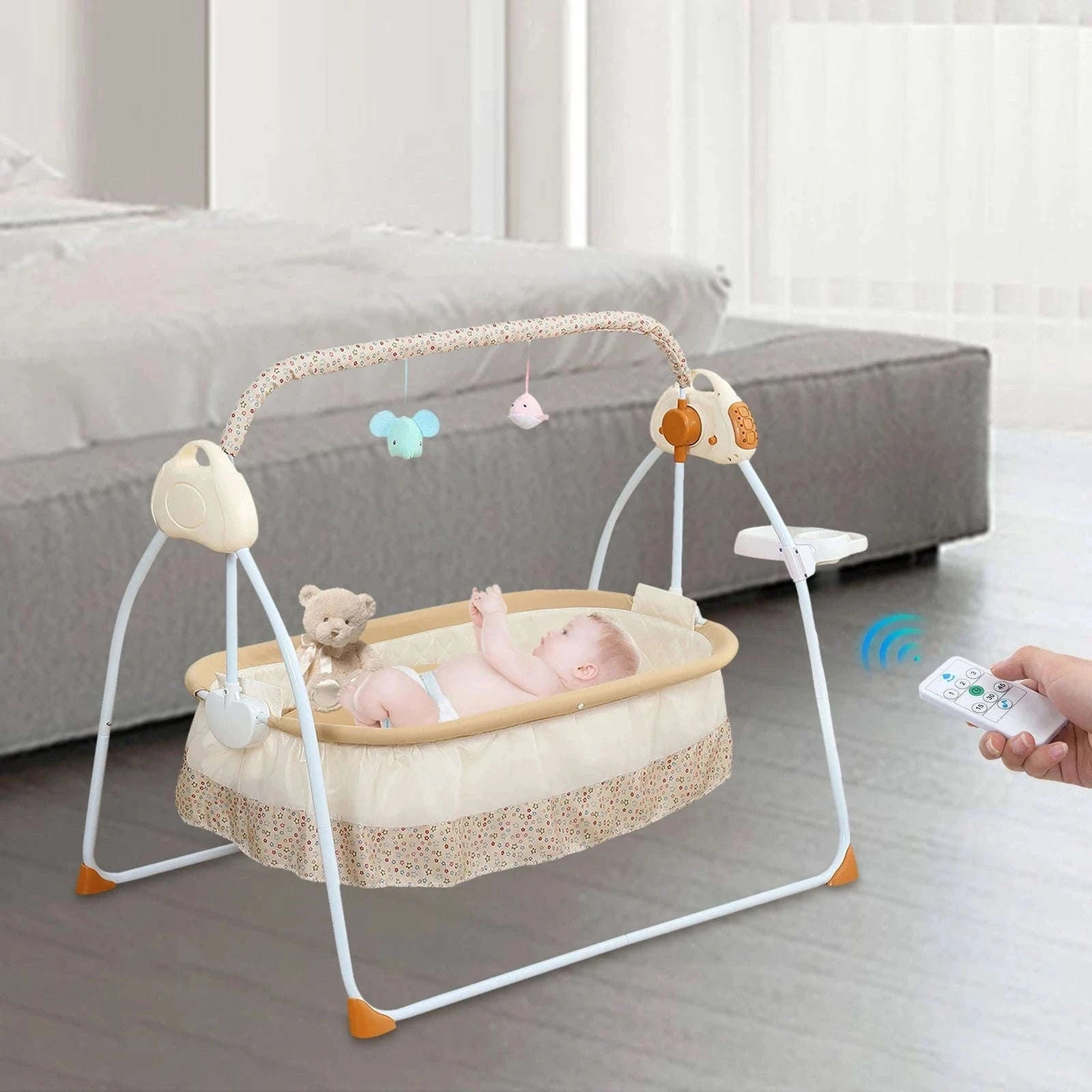 Electric Cradle Foldable Electric Baby Cradle w/ Music Dual Control, Mosquito Net & Swing, 5-Level Adjustable Rocking Bassinet-Dark Khaki / Germany