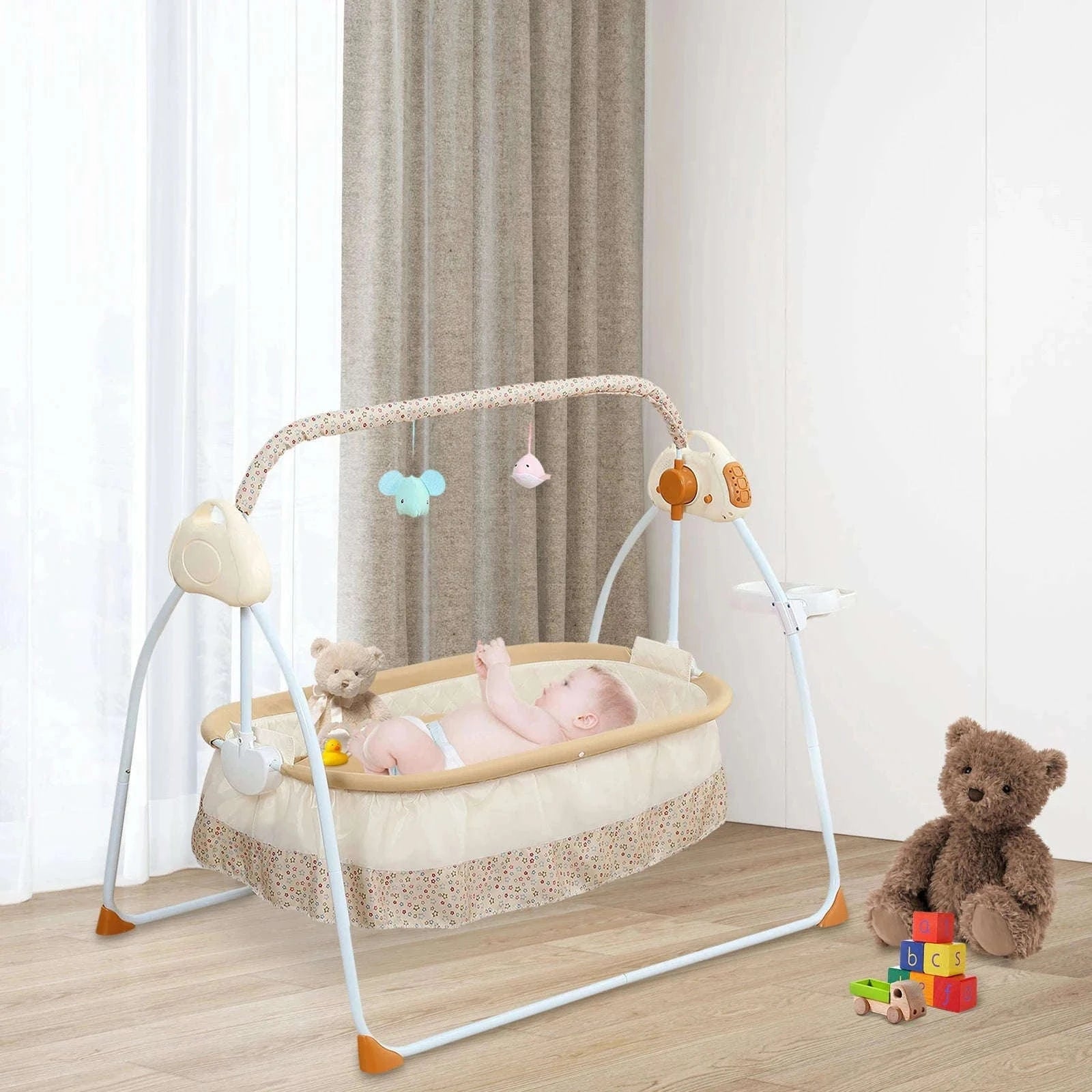 Electric Cradle Foldable Electric Baby Cradle w/ Music Dual Control, Mosquito Net & Swing, 5-Level Adjustable Rocking Bassinet-Dark Khaki / Germany