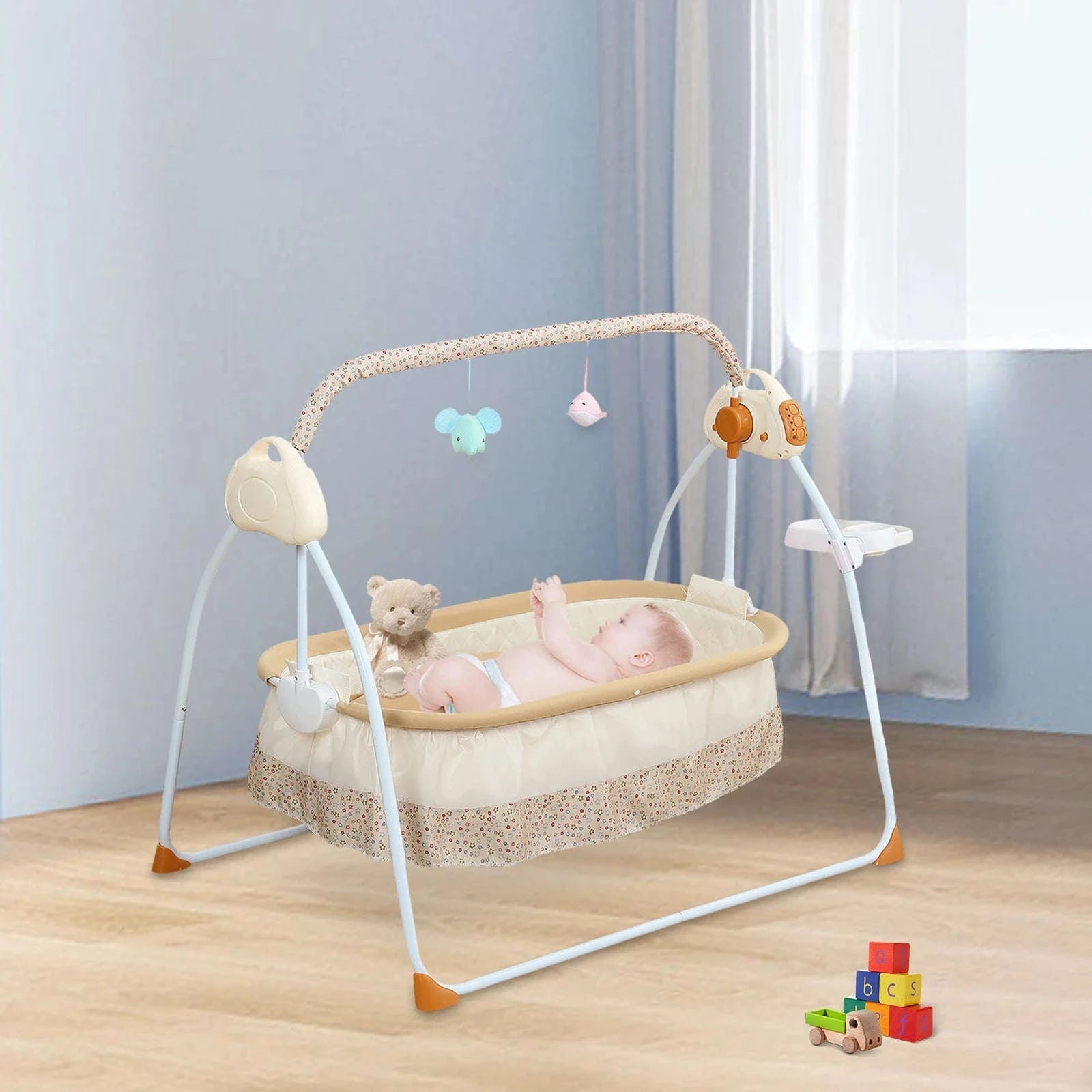 Electric Cradle Foldable Electric Baby Cradle w/ Music Dual Control, Mosquito Net & Swing, 5-Level Adjustable Rocking Bassinet-Dark Khaki / Germany