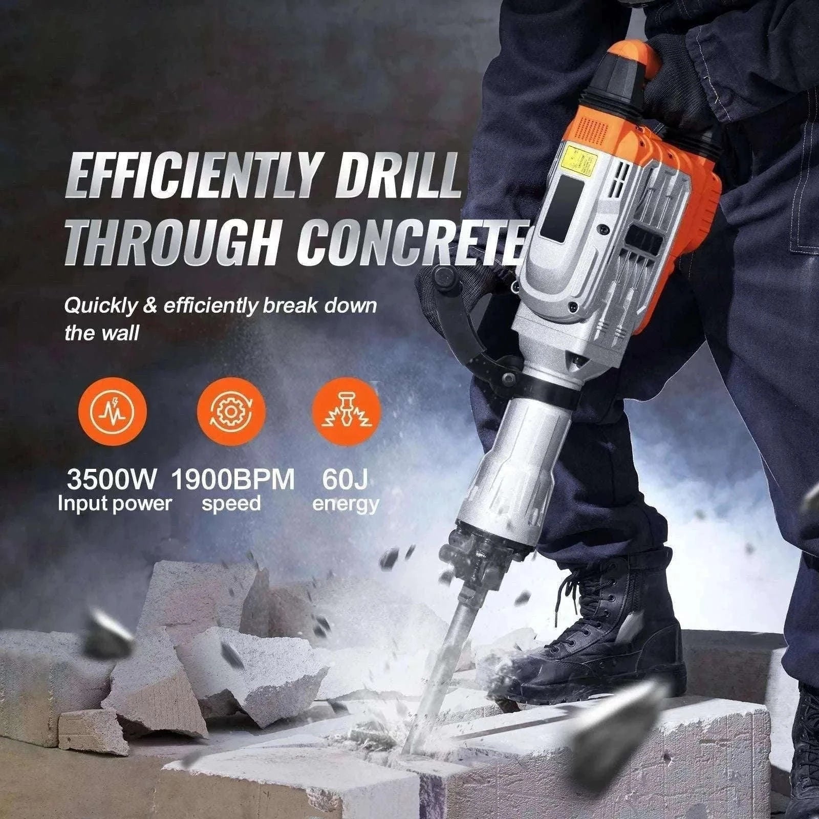 Electric Demolition Jack Hammer 1500W–3500W Concrete Breaker Kit-2200W 4 Chisel Bits / spain