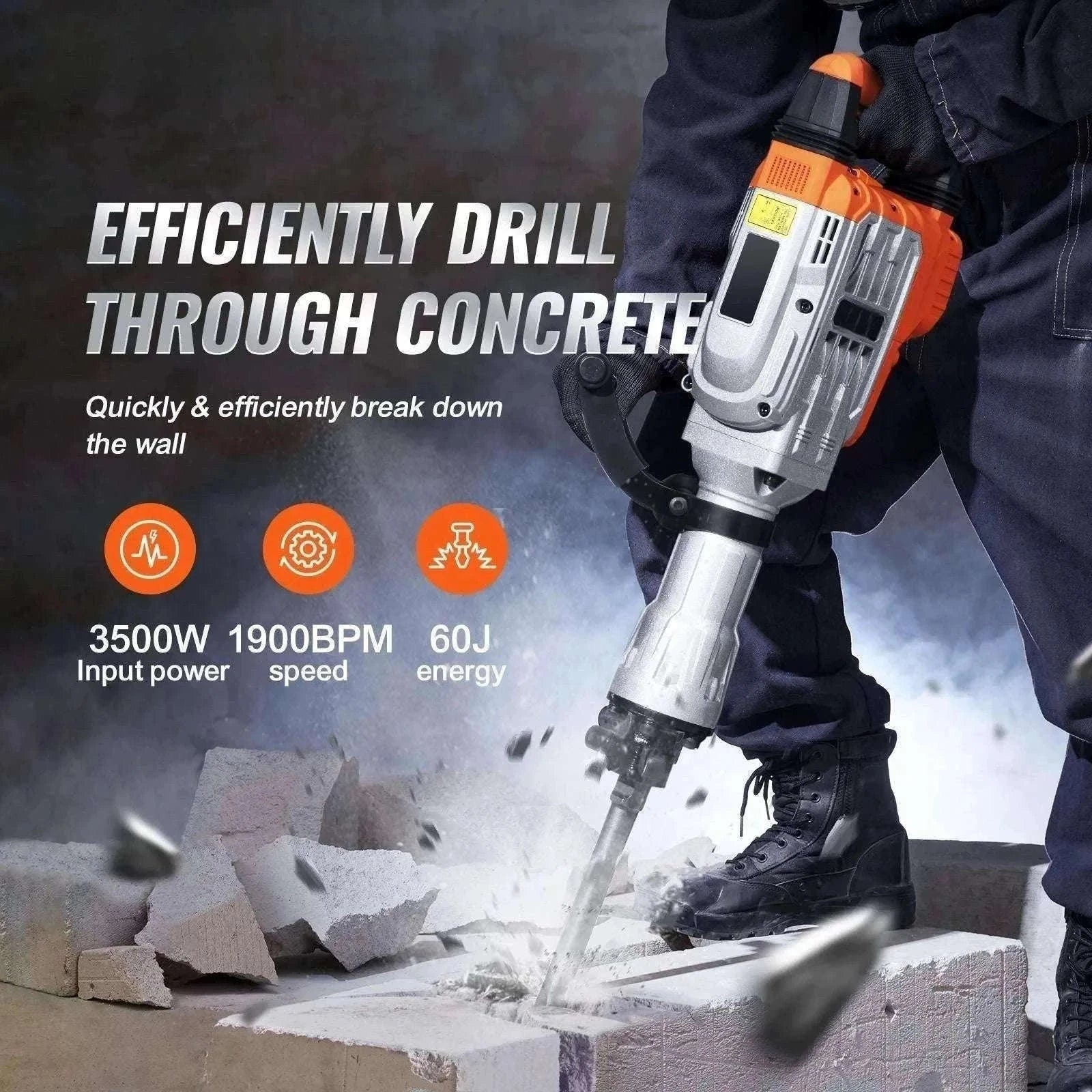 Electric Demolition Jack Hammer 1500W–3500W Concrete Breaker Kit-2200W 4 Chisel Bits / spain