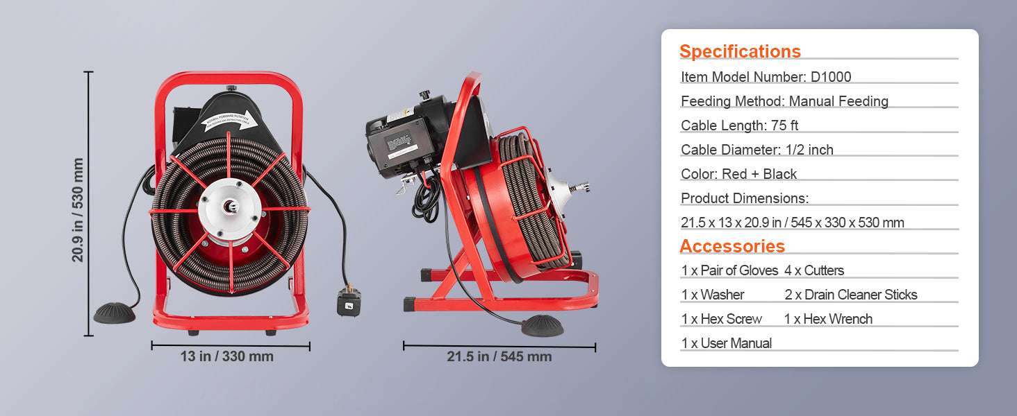 Electric Drain Cleaner Machine 75FT Sewer Snake Auger with Cutters-
